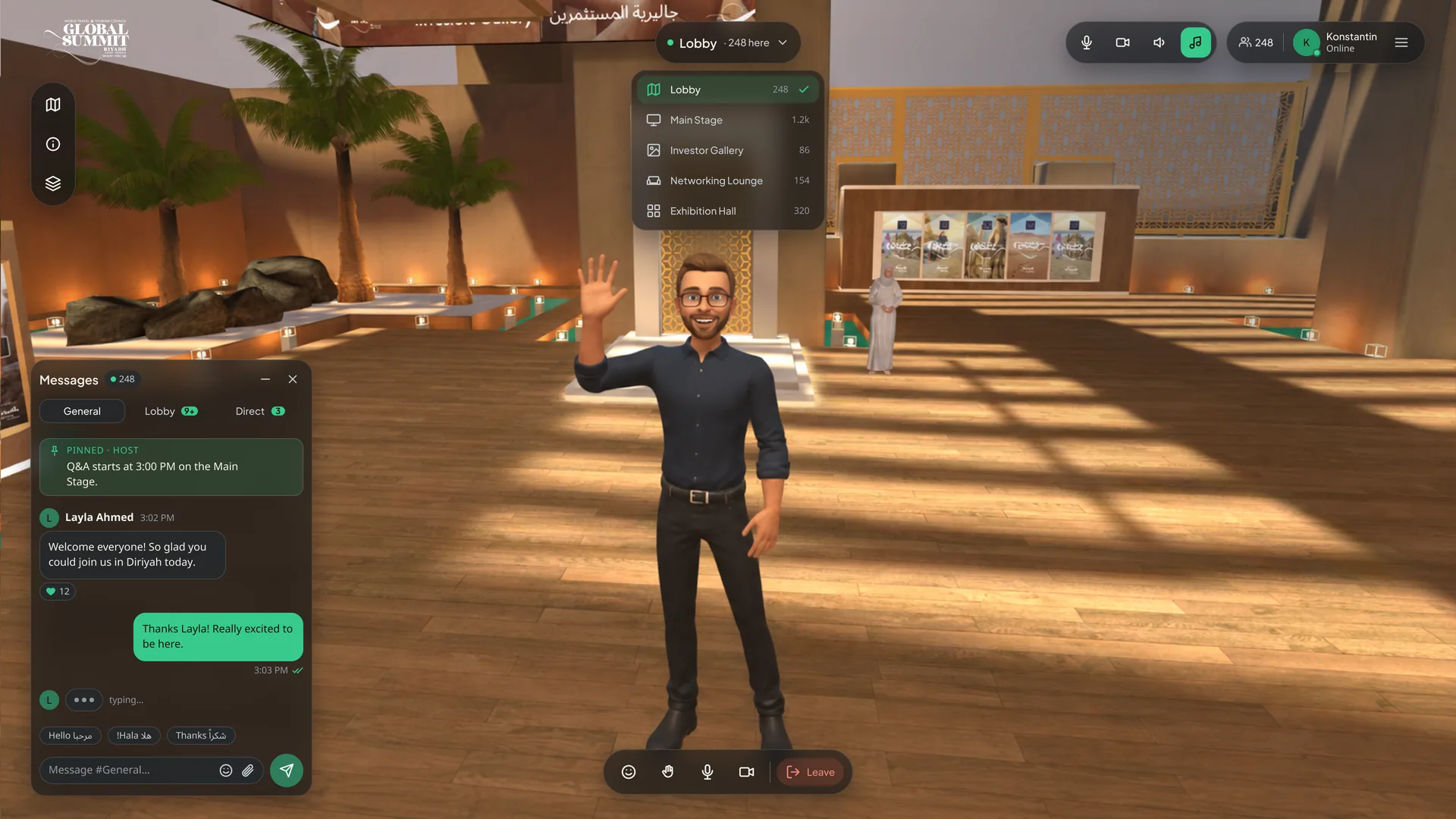 HUD поверх 3D-сцены: зоны, чат-док, аватар и панель действий в live-зале
