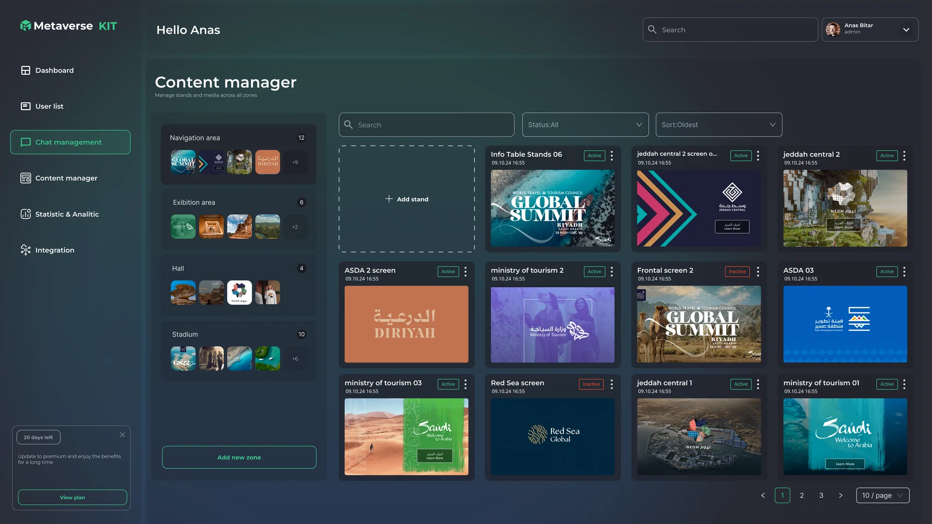 Content Manager: зоны, стенды и экраны события с drafts и превью